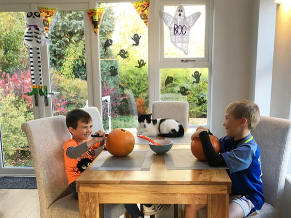 Two boys in a Halloween-themed extension